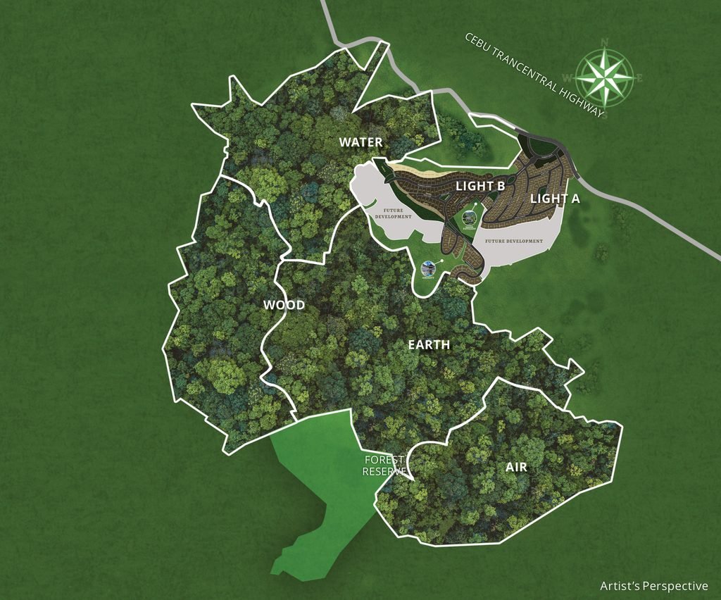 Masterplan of Foressa Mountain Town showing the Light, Water, Earth, Air and Wood phases